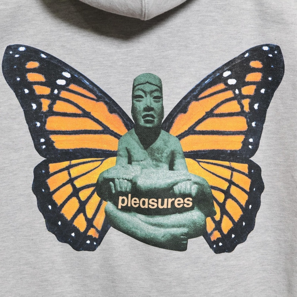 Pleasures Hoodie Mens Medium Gray Butterfly Graphic Streetwear Hooded Sweatshirt